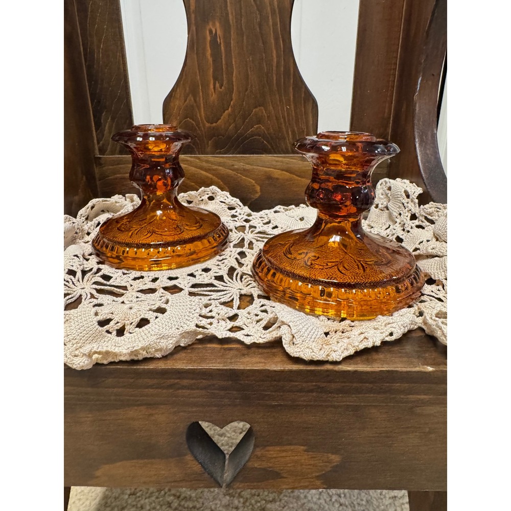 Tiara Exclusives Amber Glass Sandwich Pattern Candlestick Holders Pair Vintage